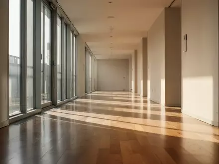Ein heller, leerer Flur mit poliertem Holzboden und einfallendem Tageslicht in einer minimalistischen Architektur. - Foto: über boerse-global.de