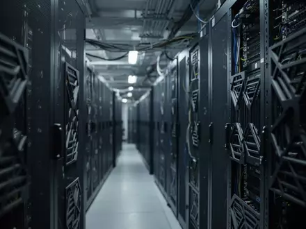 Dunkler, industrieller Serverraum mit metallischen Server-Schränken und technischer Infrastruktur. - Foto: über boerse-global.de