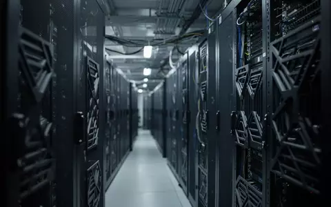 Dunkler, industrieller Serverraum mit metallischen Server-Schränken und technischer Infrastruktur. - Foto: über boerse-global.de
