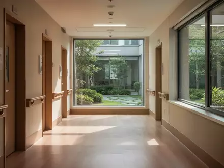 Ein ruhiger, sonnendurchfluteter Flur in einem modernen Pflegeheim mit Blick in einen grünen Innenhof. - Foto: über boerse-global.de