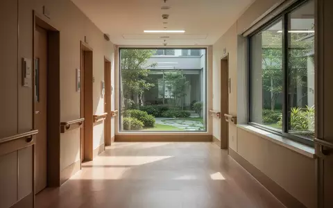 Ein ruhiger, sonnendurchfluteter Flur in einem modernen Pflegeheim mit Blick in einen grünen Innenhof. - Foto: über boerse-global.de
