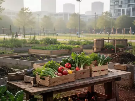 Ein sonniger Gemeinschaftsgarten mit Holzkisten voller frischem Gemüse auf einer Werkbank. - Foto: über boerse-global.de