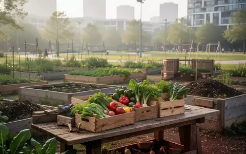 Ein sonniger Gemeinschaftsgarten mit Holzkisten voller frischem Gemüse auf einer Werkbank. - Foto: über boerse-global.de