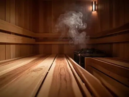 Ein minimalistisch gestalteter Saunaraum mit polierten Holzbänken und aufsteigendem Wasserdampf in einer ruhigen Atmosphäre. - Foto: über boerse-global.de
