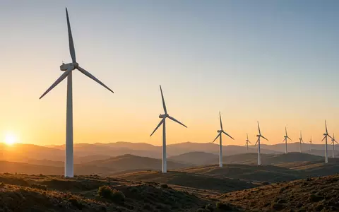 Moderne Windkraftanlagen in einer weiten Landschaft bei Sonnenuntergang. - Foto: über boerse-global.de