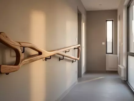 Ein heller Flur in einem Wohngebäude mit einem stabilen Holzhandlauf an der Wand zur Sturzprävention. - Foto: über boerse-global.de