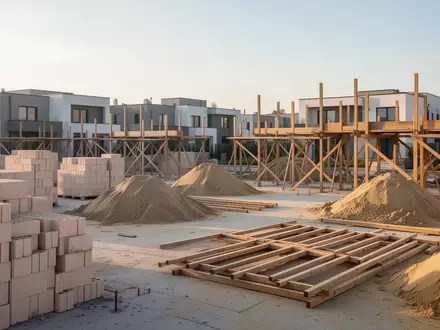 Eine Baustelle mit ordentlich aufgeschichteten Ziegeln und Baumaterialien auf einer freien Fläche bei Tageslicht. - Foto: über boerse-global.de