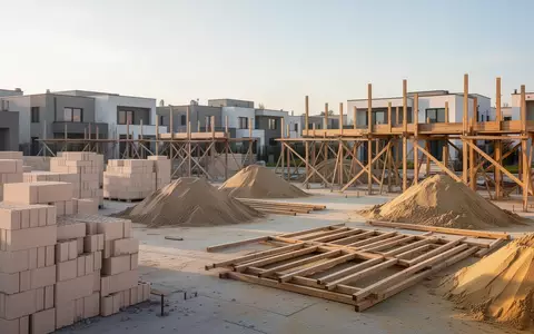 Eine Baustelle mit ordentlich aufgeschichteten Ziegeln und Baumaterialien auf einer freien Fläche bei Tageslicht. - Foto: über boerse-global.de