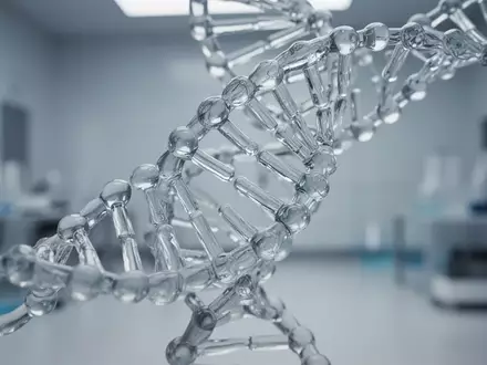 Eine abstrakte, gläserne DNA-Doppelhelix in einem Laborumfeld zur Darstellung epigenetischer Forschung. - Foto: über boerse-global.de