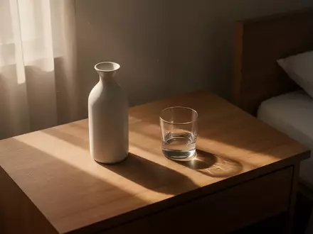 Ein minimalistischer Nachttisch in einem ruhigen Zimmer bei Sonnenaufgang, der Ruhe und zeitliche Ordnung symbolisiert. - Foto: über boerse-global.de
