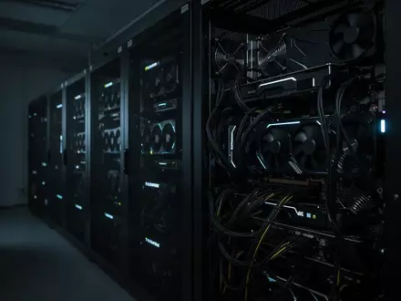 Dunkler Serverraum mit leuchtenden GPU-Racks und industrieller Hardware-Infrastruktur. - Foto: über boerse-global.de