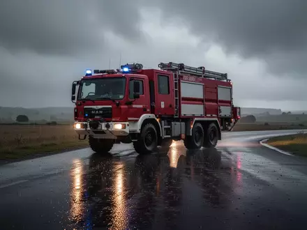 Ein Einsatzfahrzeug steht auf einer regennassen Straße bei stürmischem Wetter in einer ländlichen Umgebung. - Foto: über boerse-global.de