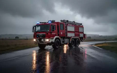 Ein Einsatzfahrzeug steht auf einer regennassen Straße bei stürmischem Wetter in einer ländlichen Umgebung. - Foto: über boerse-global.de