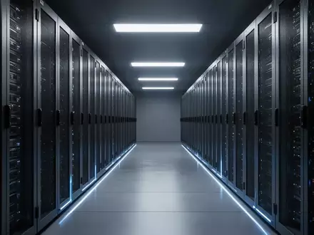 Dunkler, moderner Serverraum mit metallischen Schränken, die in einem Korridor angeordnet sind. - Foto: über boerse-global.de