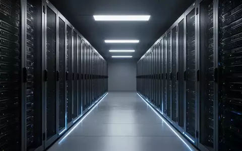 Dunkler, moderner Serverraum mit metallischen Schränken, die in einem Korridor angeordnet sind. - Foto: über boerse-global.de