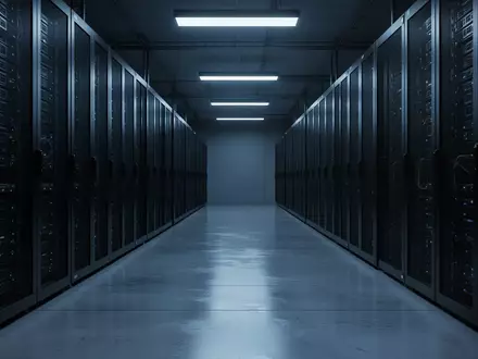 Ein minimalistischer, dunkel beleuchteter Serverraum mit metallischen Rack-Schränken in einer sterilen Umgebung. - Foto: über boerse-global.de