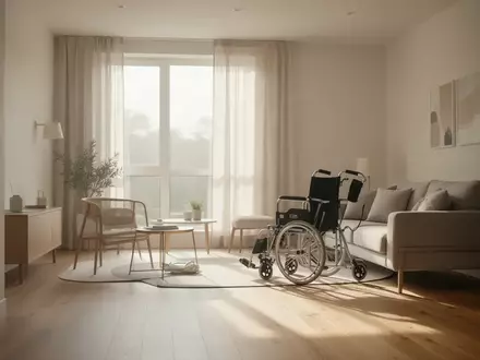 Ein helles, minimalistisch gestaltetes Wohnzimmer mit bodentiefen Fenstern und warmem Tageslicht, das eine Atmosphäre von Ruhe und Barrierefreiheit vermittelt. - Foto: über boerse-global.de