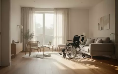 Ein helles, minimalistisch gestaltetes Wohnzimmer mit bodentiefen Fenstern und warmem Tageslicht, das eine Atmosphäre von Ruhe und Barrierefreiheit vermittelt. - Foto: über boerse-global.de