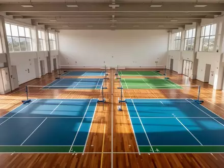 Eine leere, lichtdurchflutete Sporthalle mit professionellen Badmintonfeldern auf Sardinien. - Foto: über boerse-global.de
