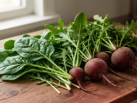 Frisches Blattgemüse wie Spinat und Rucola sowie Rote Bete auf einem hölzernen Untergrund. - Foto: über boerse-global.de