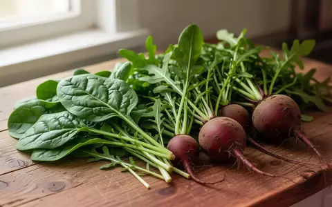 Frisches Blattgemüse wie Spinat und Rucola sowie Rote Bete auf einem hölzernen Untergrund. - Foto: über boerse-global.de