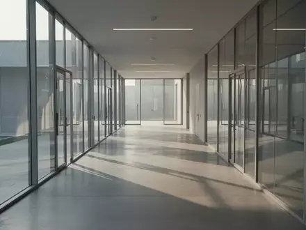 Ein minimalistischer, leerer Flur in einem modernen Bürogebäude mit architektonischen Linien und natürlichem Lichteinfall. - Foto: über boerse-global.de