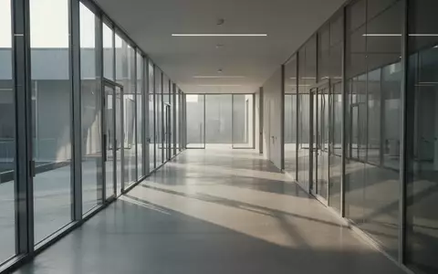 Ein minimalistischer, leerer Flur in einem modernen Bürogebäude mit architektonischen Linien und natürlichem Lichteinfall. - Foto: über boerse-global.de