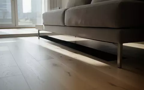 Ein minimalistisch gestalteter Wohnbereich mit hellem Holzboden und einem niedrigen Sofa, das einen freien Raum unter sich lässt. - Foto: über boerse-global.de