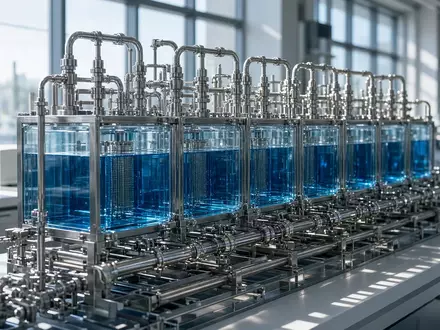 Moderne Laborumgebung für Wasserstofftechnologie mit Elektrolyseuren und technischer Ausrüstung in hellem Tageslicht. - Foto: über boerse-global.de