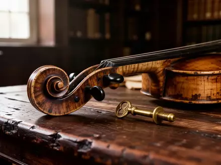 Nahaufnahme von antiken Holzinstrumententeilen und einem Messingschlüssel auf einem Archivtisch in einem Museum. - Foto: über boerse-global.de