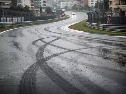 Eine nasse Asphaltstraße auf einem Stadtkurs mit Bremsspuren nach einem Regenschauer. - Foto: über boerse-global.de