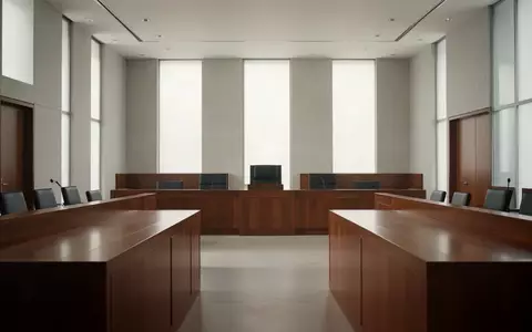 Ein minimalistisch gestalteter, leerer Gerichtssaal mit hellem Holz und diffusem Tageslicht. - Foto: ĂŒber boerse-global.de
