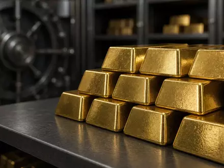 Gestapelte Goldbarren in einem Tresorraum bei gedimmter, natürlicher Beleuchtung. - Foto: über boerse-global.de