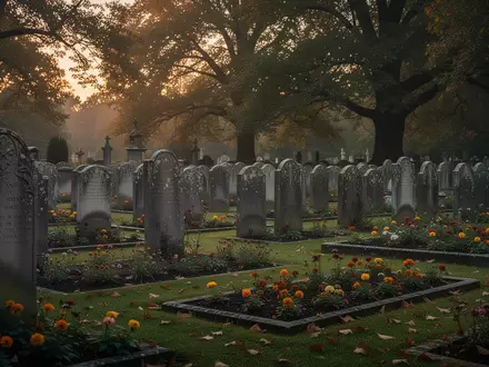 Ein ruhiger, gepflegter Friedhof mit alten Grabsteinen und Blumenbeeten in der Abenddämmerung. - Foto: über boerse-global.de