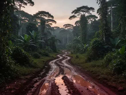 Eine bewaldete, abgelegene Landschaft in der Demokratischen Republik Kongo mit einem schlammigen Pfad im Dschungel. - Foto: über boerse-global.de