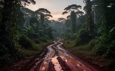 Eine bewaldete, abgelegene Landschaft in der Demokratischen Republik Kongo mit einem schlammigen Pfad im Dschungel. - Foto: über boerse-global.de