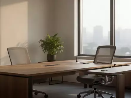 Ein minimalistisches, aufgeräumtes Büro bei natürlichem Tageslicht mit einem leeren Schreibtisch und einer Zimmerpflanze. - Foto: über boerse-global.de