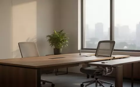 Ein minimalistisches, aufgeräumtes Büro bei natürlichem Tageslicht mit einem leeren Schreibtisch und einer Zimmerpflanze. - Foto: über boerse-global.de
