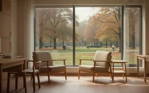 Ein heller, ruhig gestalteter Wohnraum in einer Senioreneinrichtung mit Blick auf einen herbstlichen Park. - Foto: über boerse-global.de
