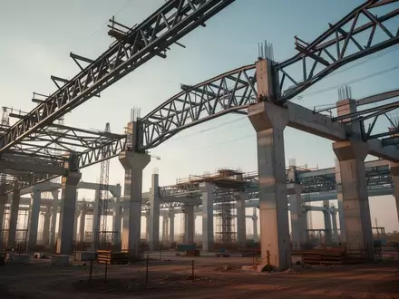 Moderne Baustelle für industrielle Infrastruktur mit Stahlträgern und Betonpfeilern vor klarem Himmel. - Foto: über boerse-global.de
