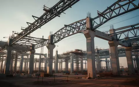 Moderne Baustelle für industrielle Infrastruktur mit Stahlträgern und Betonpfeilern vor klarem Himmel. - Foto: über boerse-global.de
