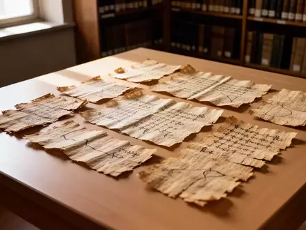 Antike Papyrusfragmente liegen auf einem hölzernen Archivtisch bereit zur wissenschaftlichen Untersuchung. - Foto: über boerse-global.de
