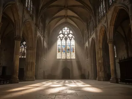 Innenansicht des Kölner Doms mit einfallendem Sonnenlicht durch ein Buntglasfenster, das eine friedliche Atmosphäre schafft. - Foto: über boerse-global.de