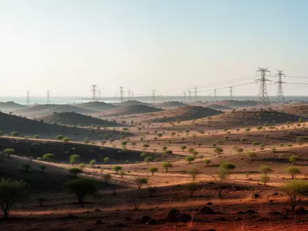 Weite, trockene Landschaft in Andhra Pradesh mit Hochspannungsleitungen am Horizont unter klarem Himmel. - Foto: über boerse-global.de