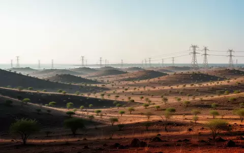 Weite, trockene Landschaft in Andhra Pradesh mit Hochspannungsleitungen am Horizont unter klarem Himmel. - Foto: über boerse-global.de