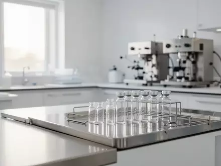Ein steriler, modern gestalteter medizinischer Laborraum mit leeren Glasampullen auf einer glatten Arbeitsfläche. - Foto: über boerse-global.de
