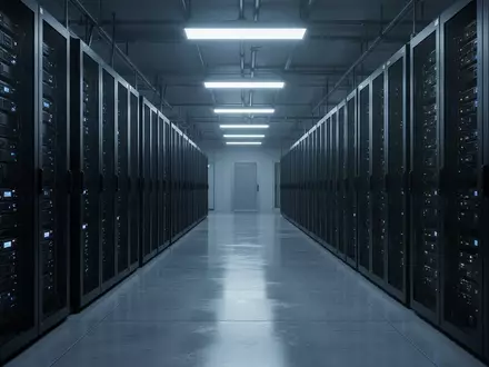 Ein minimalistischer, unbesetzter Serverraum mit dunklen, leuchtenden Serverschränken in einer kühlen, industriellen Umgebung. - Foto: über boerse-global.de