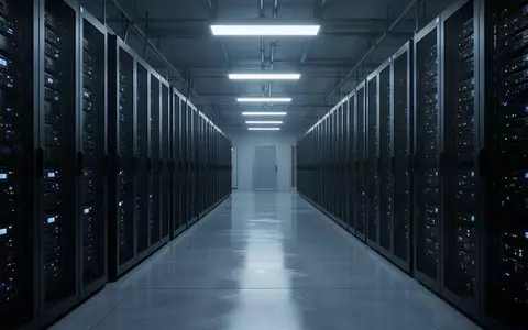 Ein minimalistischer, unbesetzter Serverraum mit dunklen, leuchtenden Serverschränken in einer kühlen, industriellen Umgebung. - Foto: über boerse-global.de