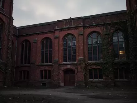 Ein leeres, historisches Backsteingebäude auf einem Universitätscampus in der Abenddämmerung. - Foto: über boerse-global.de