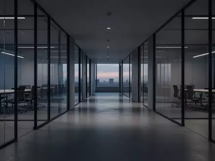 Ein modernes, leeres Bürogebäude mit Glaswänden und langen Korridoren bei Dämmerlicht, das eine Atmosphäre des Wandels und der Leere vermittelt. - Foto: über boerse-global.de